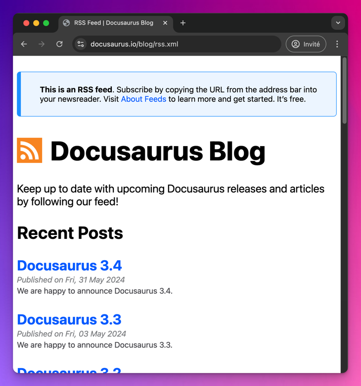 Screenshot of the Docusaurus blog RSS feed, beautifully styled